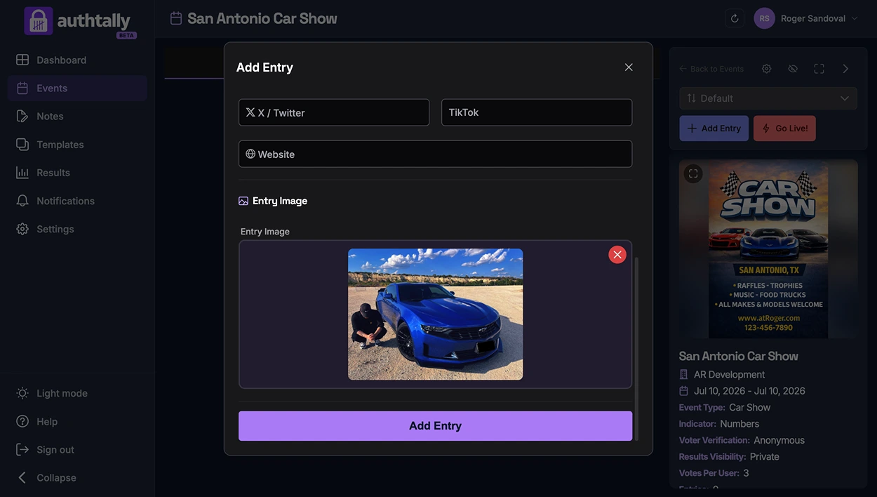 The Add Entry form with fields for name, photo upload, and description