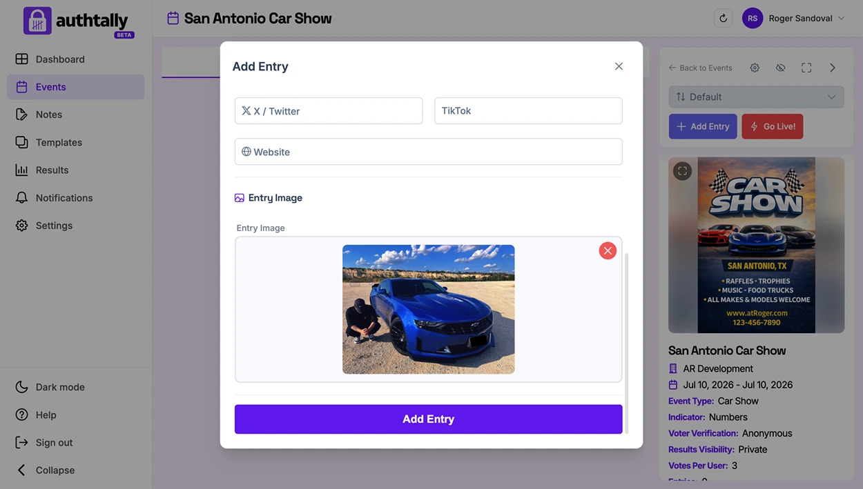 The Add Entry form with fields for name, photo upload, and description