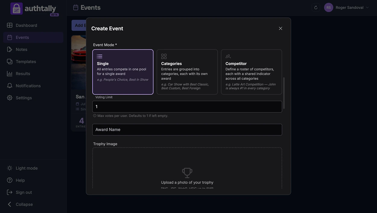 The category mode selector shown when creating or editing an event, with Single, Multiple Categories, and Competitor options