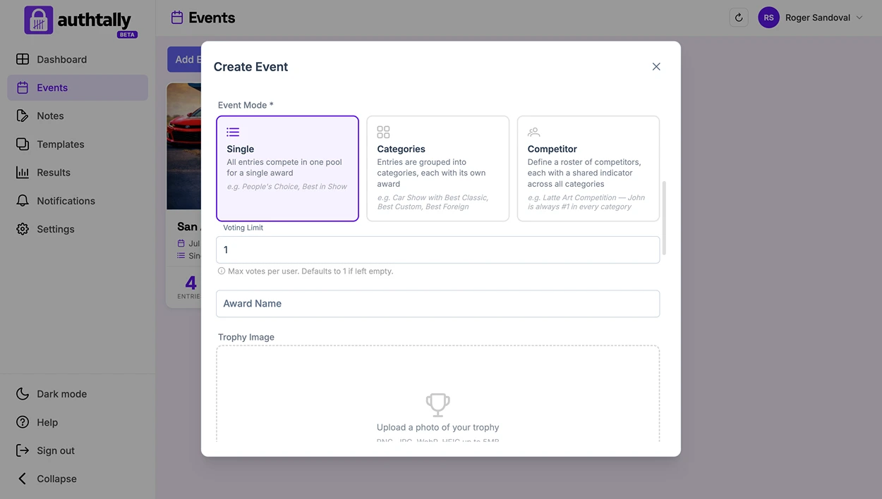 The category mode selector shown when creating or editing an event, with Single, Multiple Categories, and Competitor options