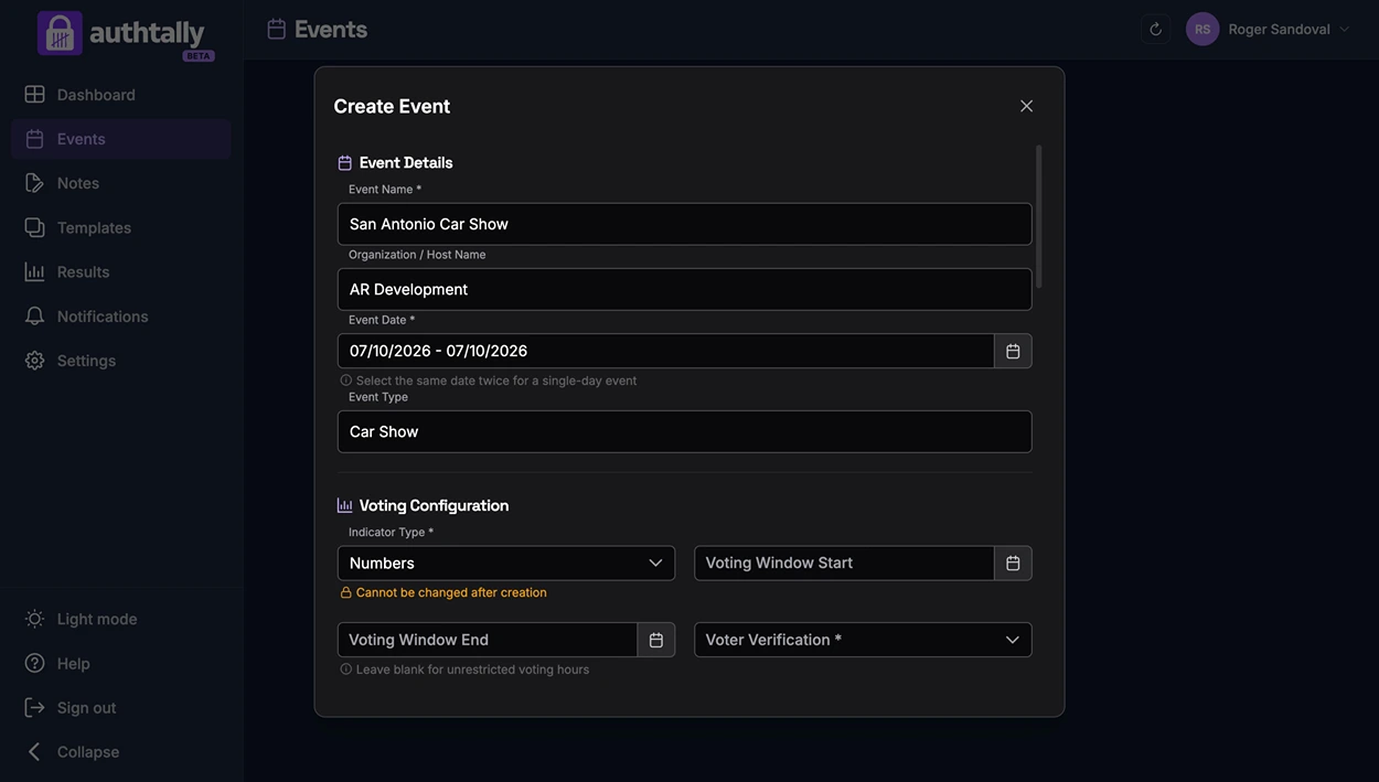 The Create Event form with fields for event name, type, dates, location, and description