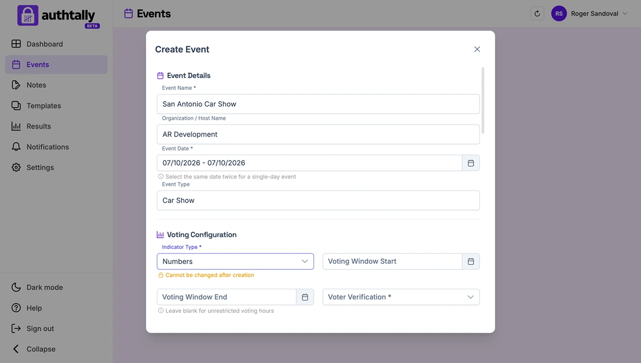 The Create Event form with fields for event name, type, dates, location, and description
