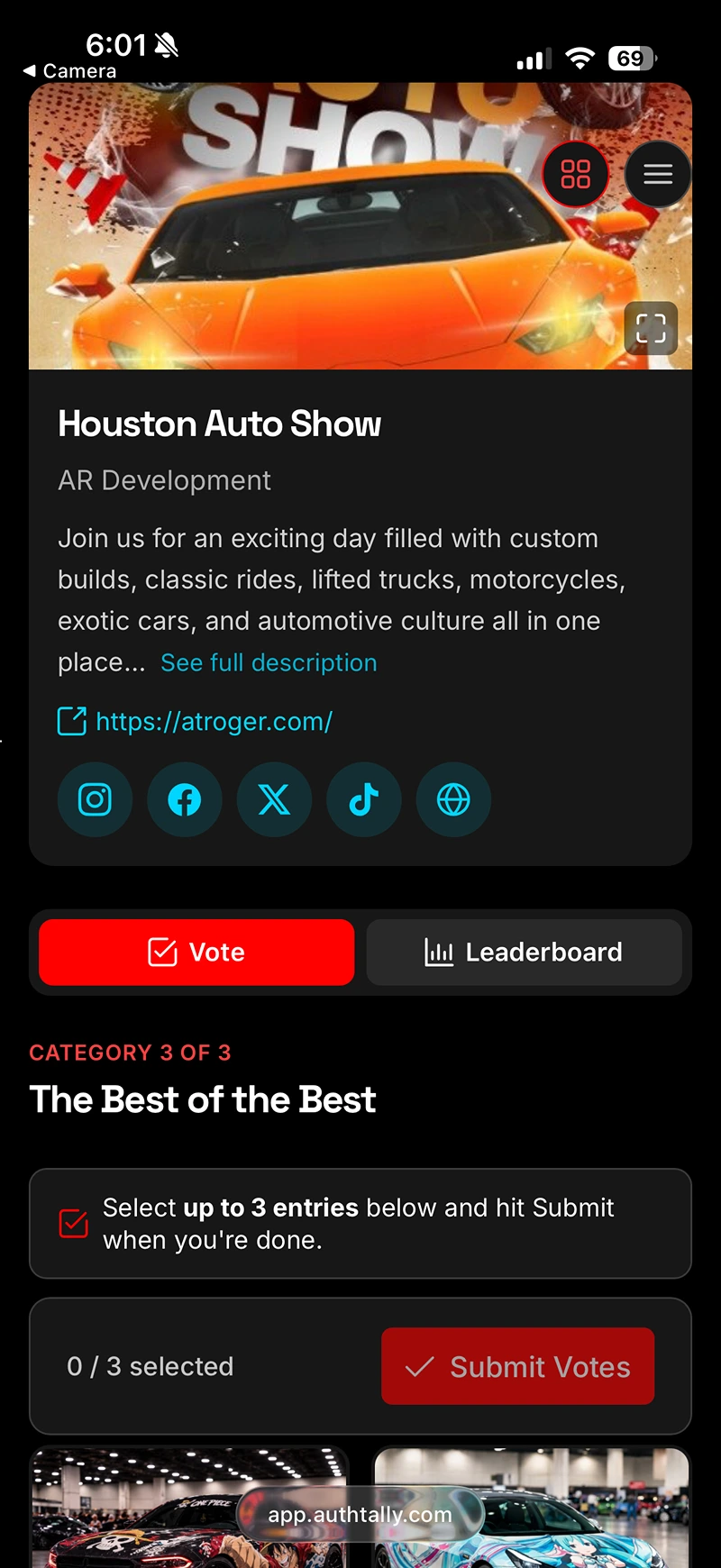 The public vote page's event header and Vote button styled with a custom red accent on a dark background
