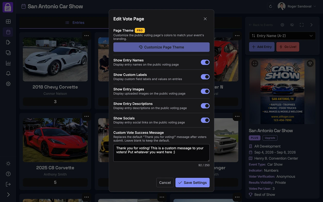 The vote page display settings, showing toggles for names/images/descriptions/social links and the custom thank-you message field