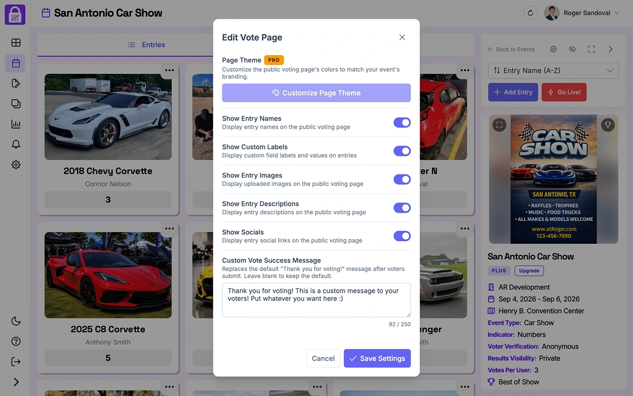 The vote page display settings, showing toggles for names/images/descriptions/social links and the custom thank-you message field