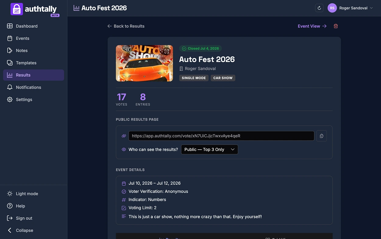 A completed event's Results page, showing final vote counts, entries, and the public results link