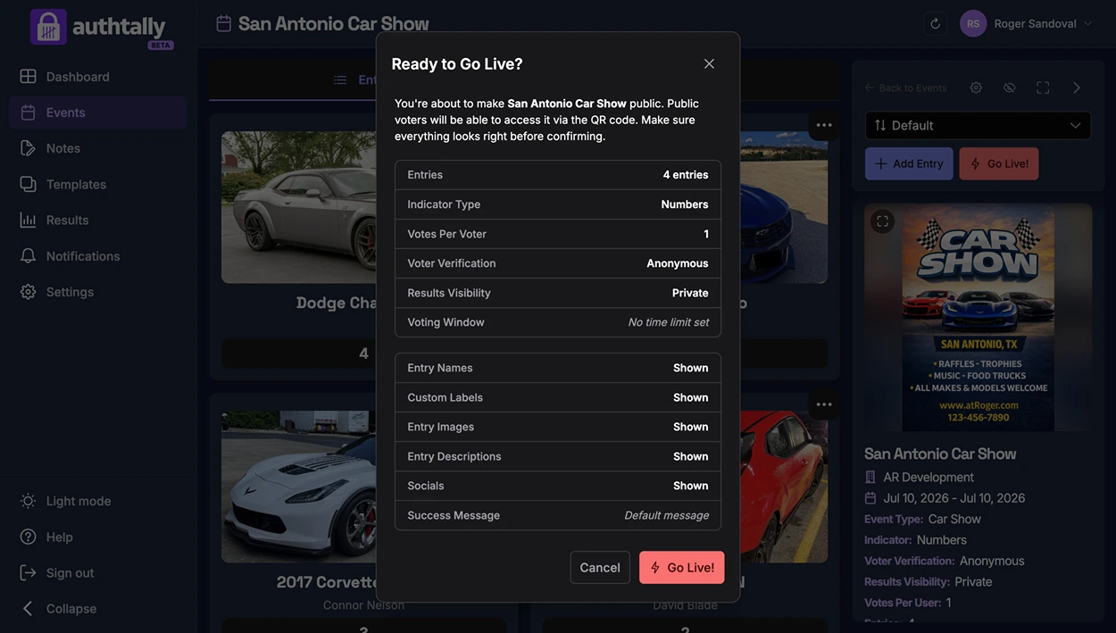 The event dashboard's Go Live control, with a toggle to open voting immediately or schedule it