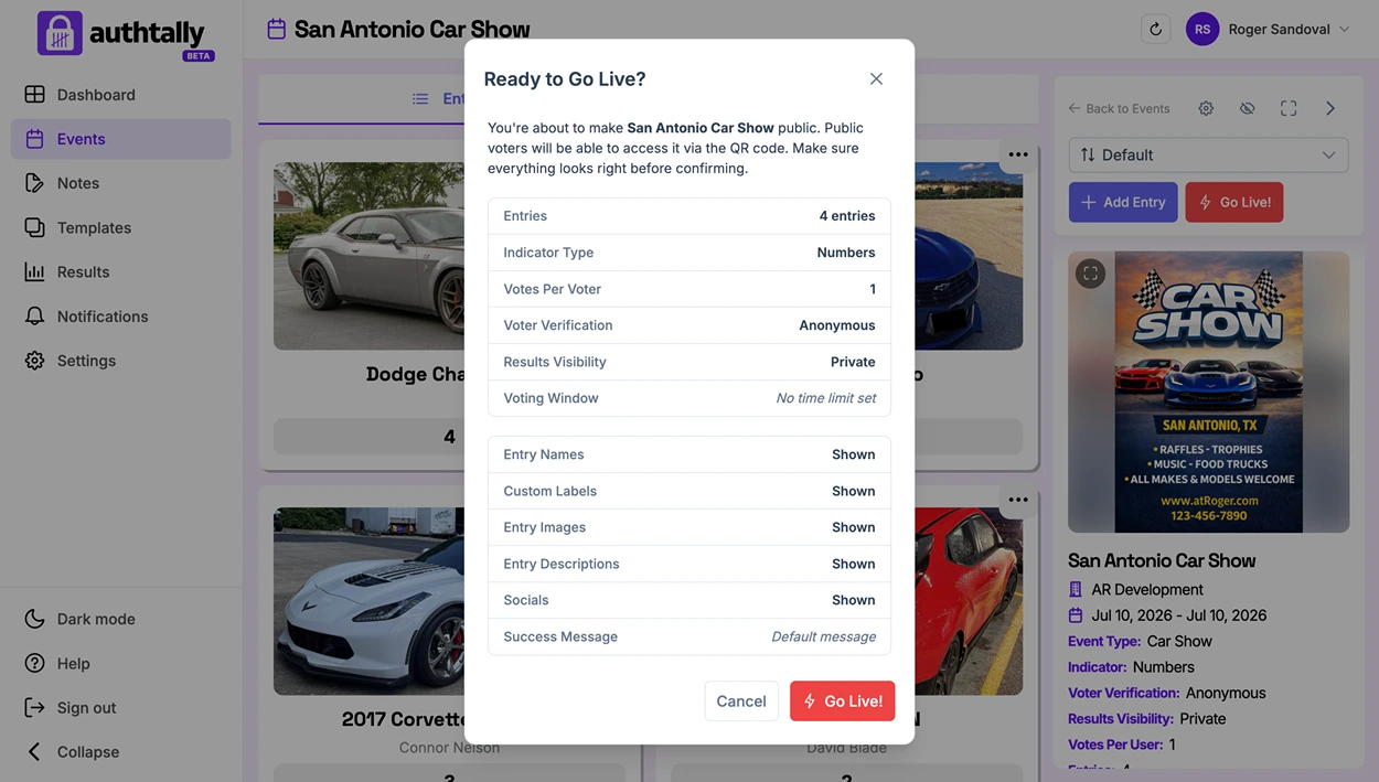 The event dashboard's Go Live control, with a toggle to open voting immediately or schedule it