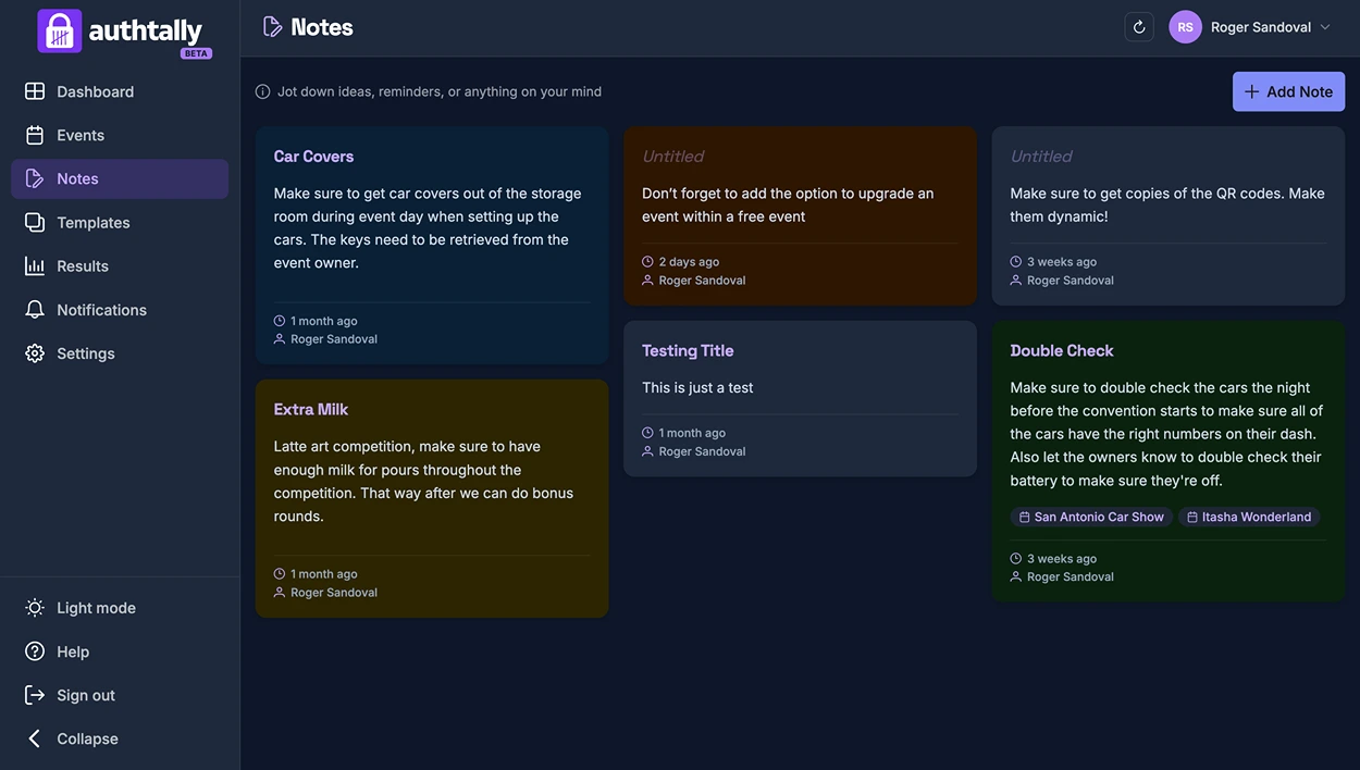 The notes panel on an event's dashboard