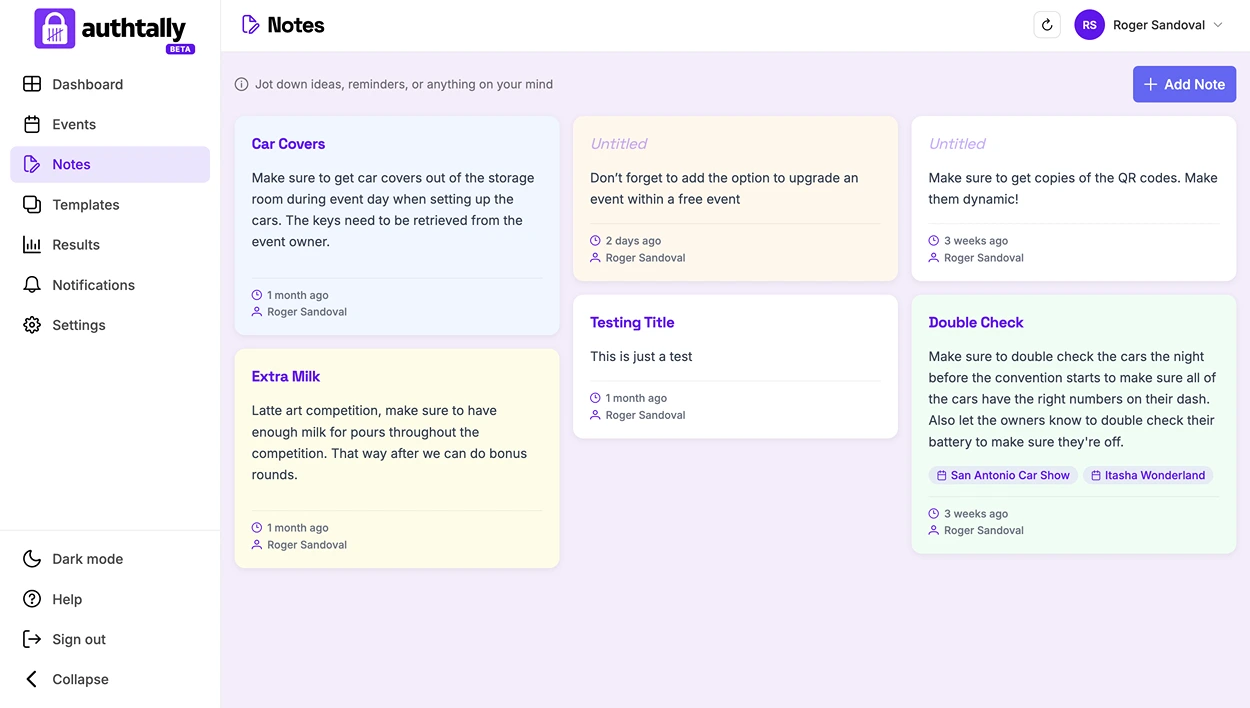 The notes panel on an event's dashboard