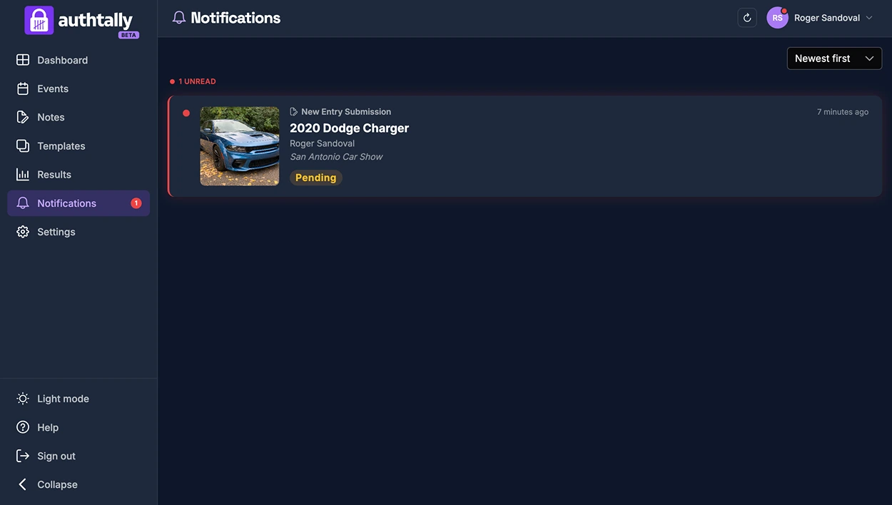 The notification indicator in the dashboard, showing a pending public submission alert