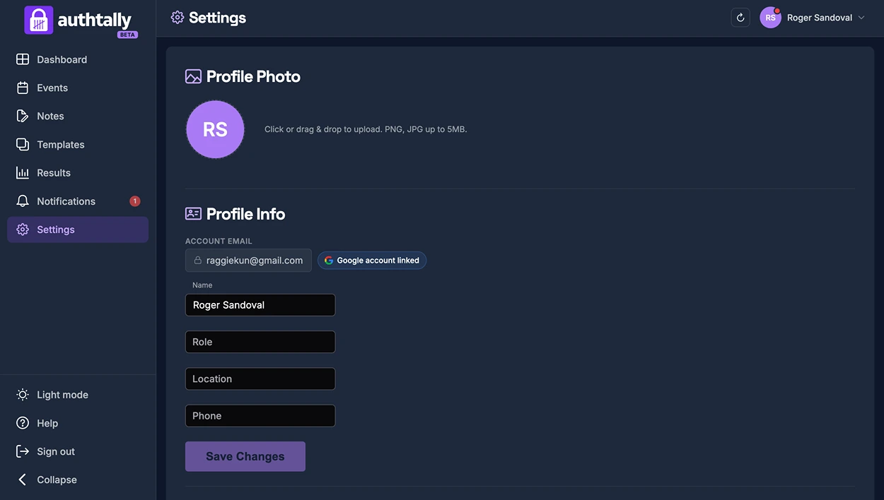 The account settings page showing profile fields
