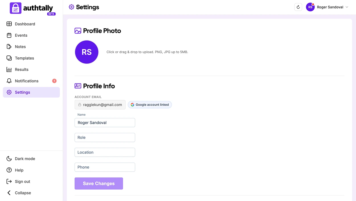 The account settings page showing profile fields