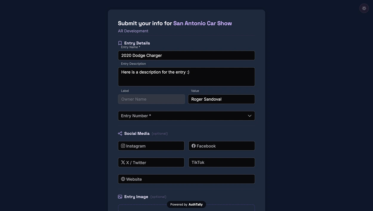 The public entry submission form as a submitter would see it