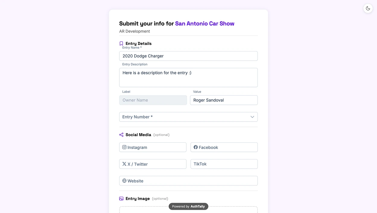 The public entry submission form as a submitter would see it