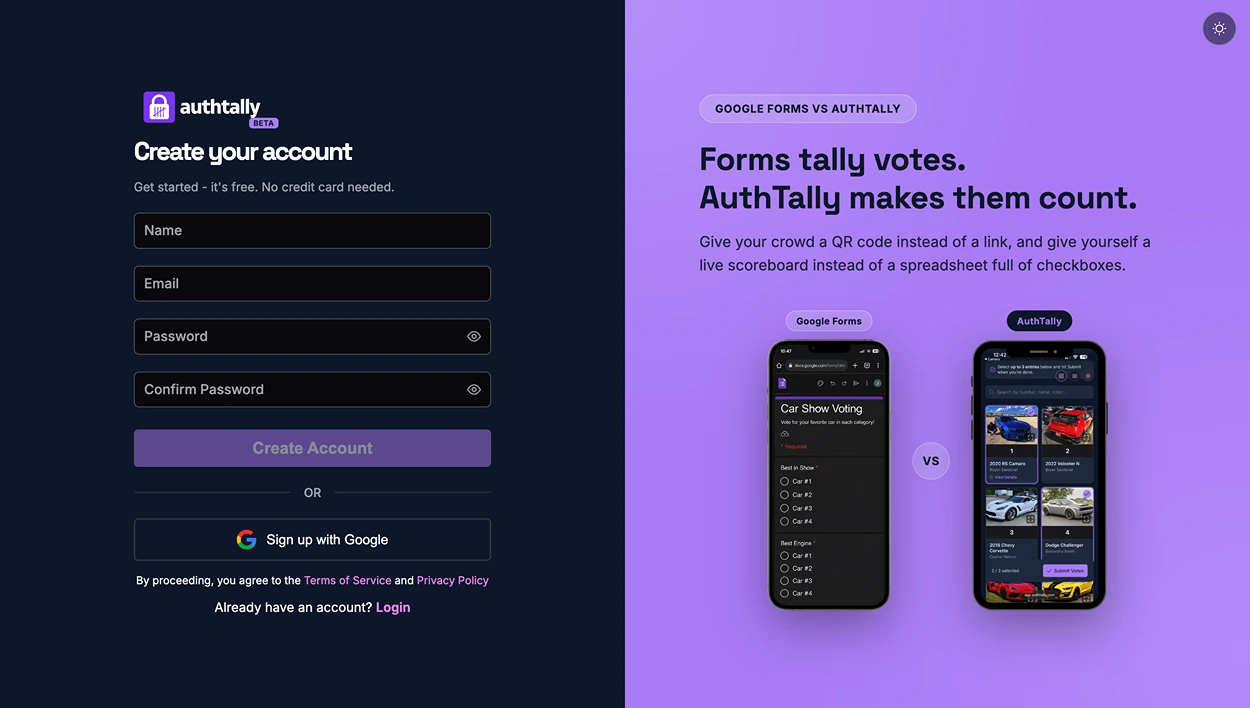The AuthTally sign-up screen with email and password fields and a Google sign-in button
