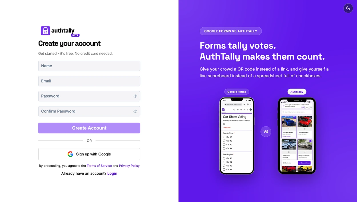 The AuthTally sign-up screen with email and password fields and a Google sign-in button