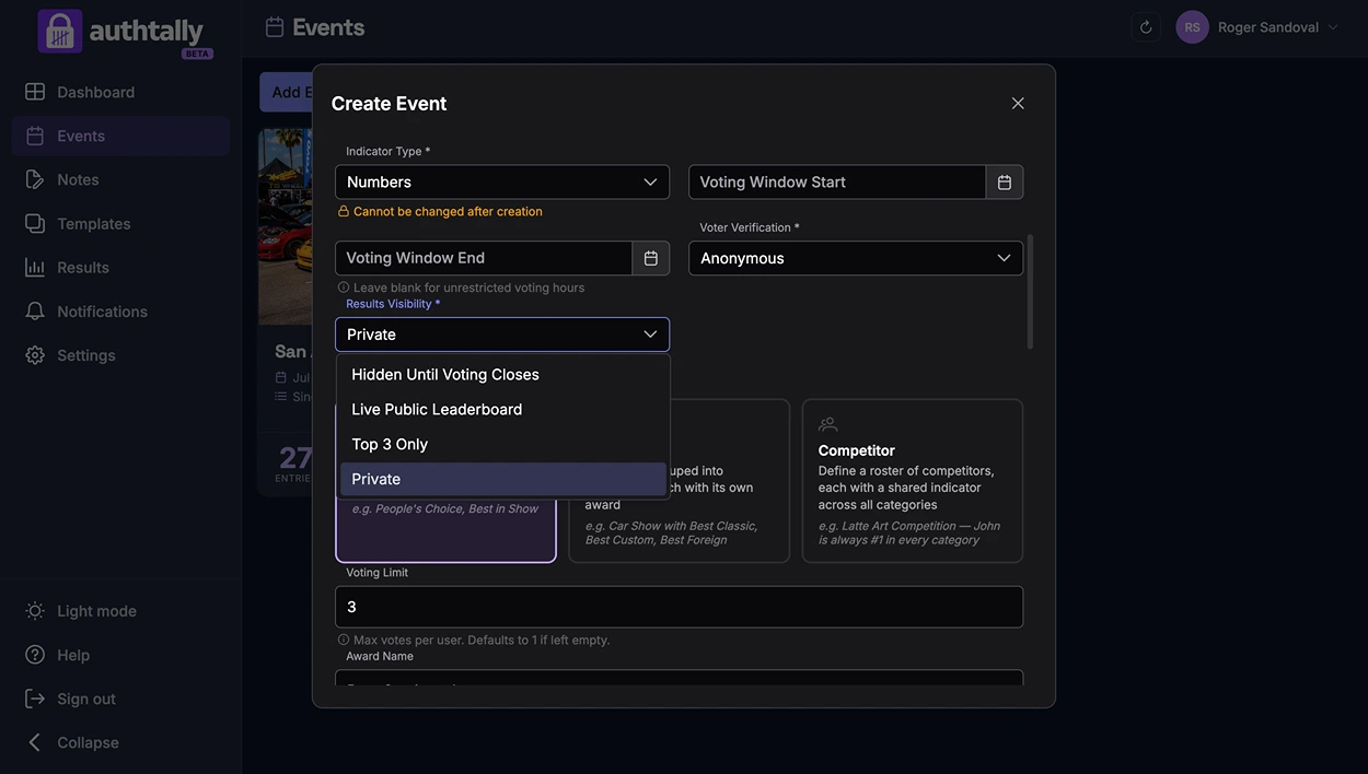 The results visibility selector in Event Setup, showing all four levels with the currently selected one highlighted