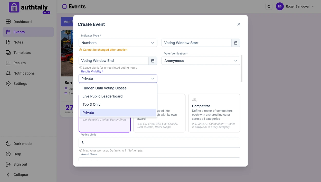 The results visibility selector in Event Setup, showing all four levels with the currently selected one highlighted