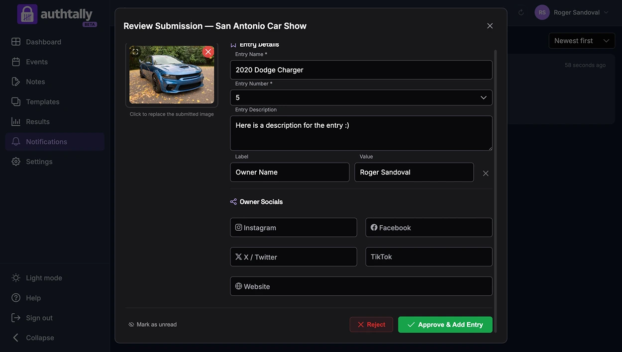 The submission review queue in the organizer dashboard, with approve/reject controls on each pending entry