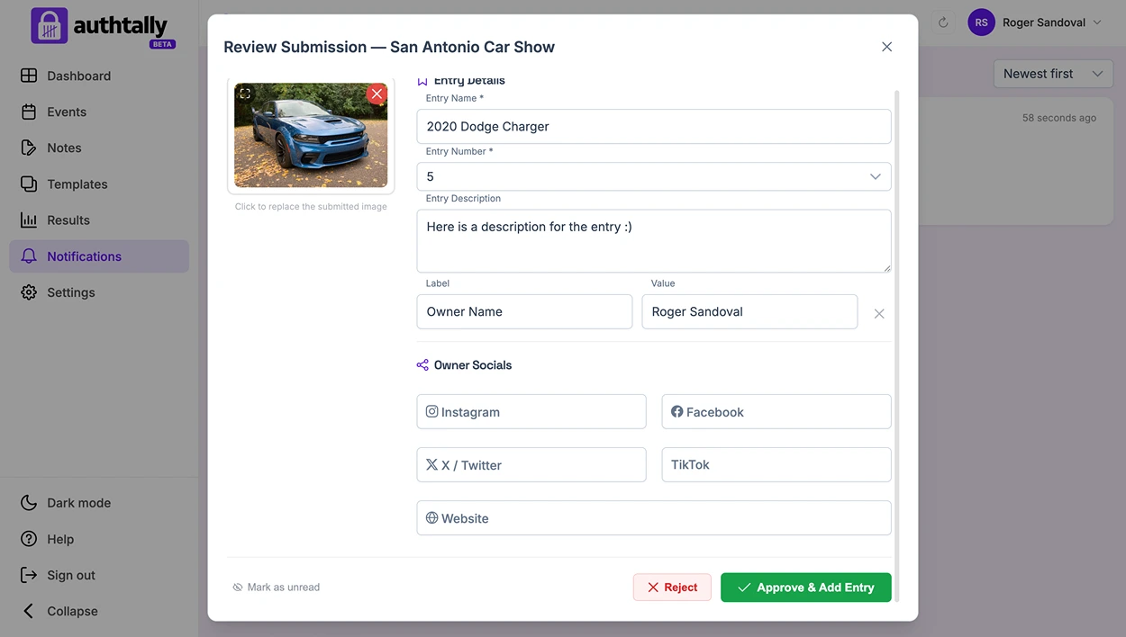 The submission review queue in the organizer dashboard, with approve/reject controls on each pending entry
