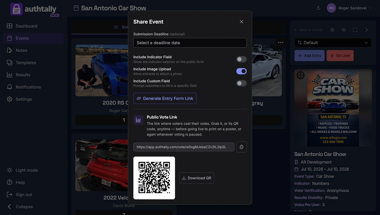 The event dashboard's share panel showing the QR code and the copyable voting link