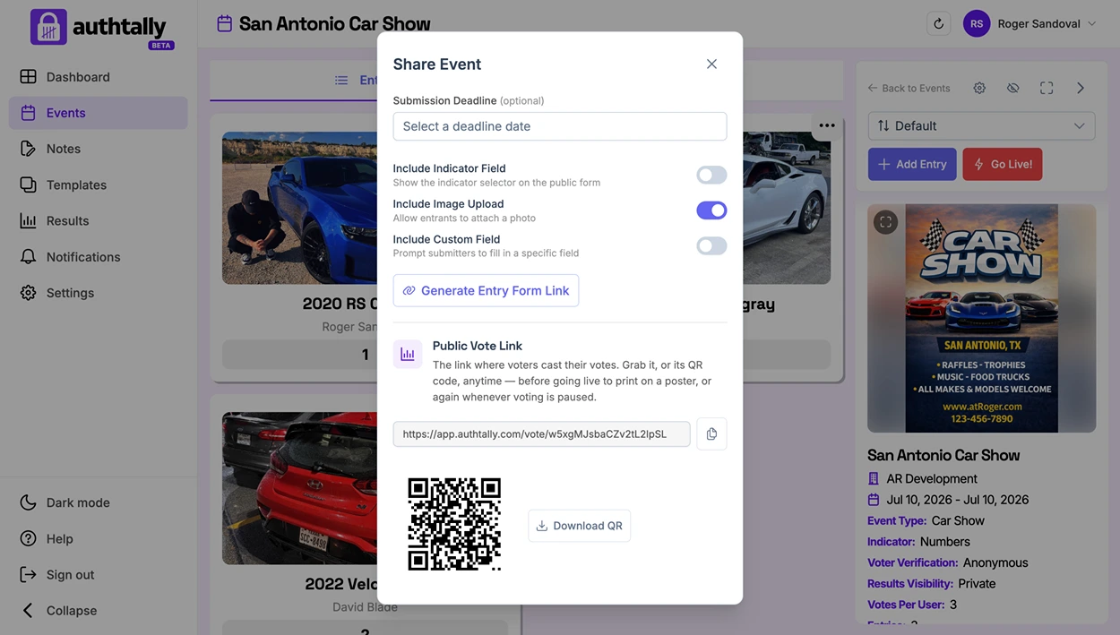 The event dashboard's share panel showing the QR code and the copyable voting link