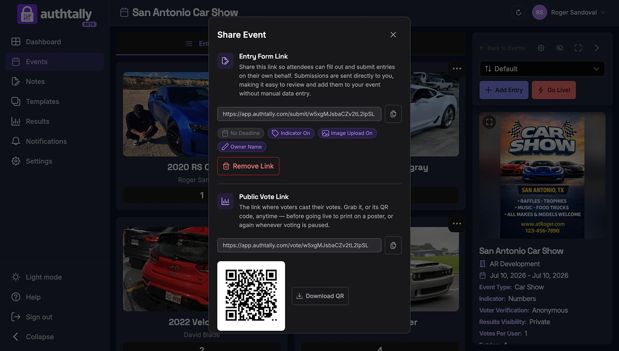 The share panel showing the event QR code with a download button
