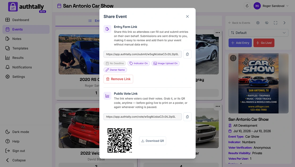 The share panel showing the event QR code with a download button