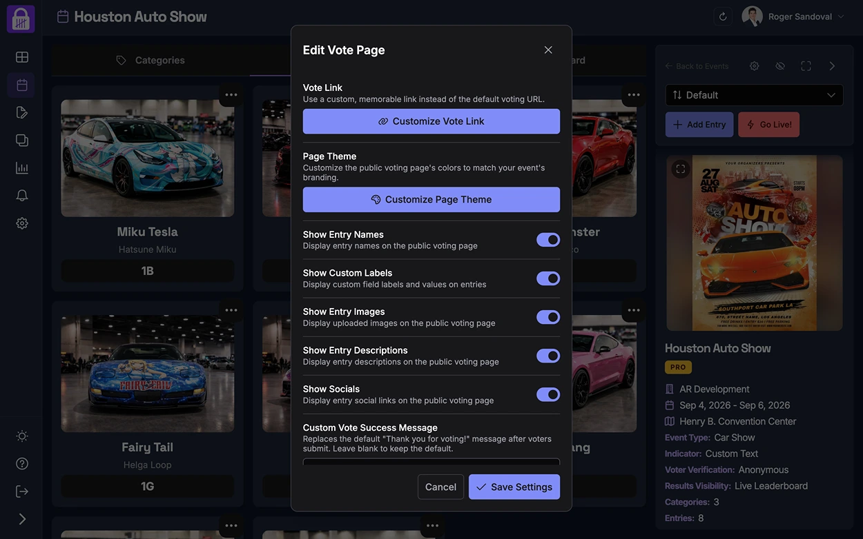 The Edit Vote Page panel with the Vote Link section and Customize Vote Link button highlighted