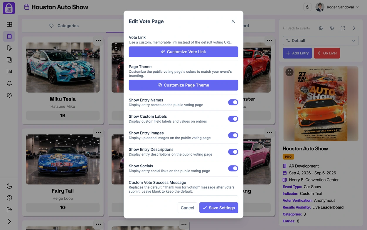 The Edit Vote Page panel with the Vote Link section and Customize Vote Link button highlighted