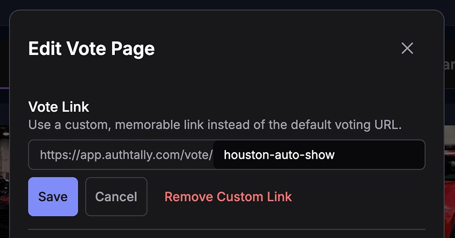 Close-up of the vote link editor, showing the fixed URL prefix followed by an editable custom slug field