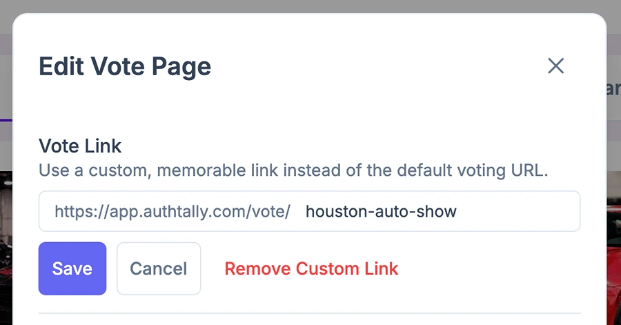 Close-up of the vote link editor, showing the fixed URL prefix followed by an editable custom slug field