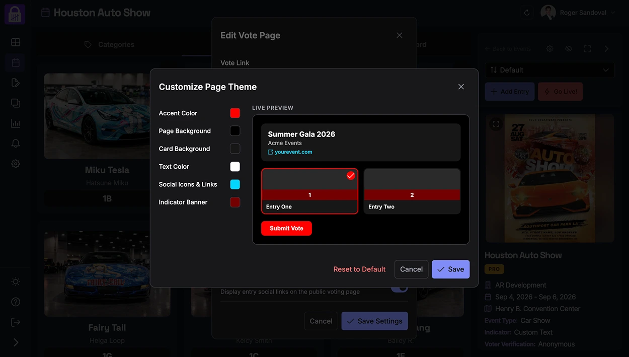 The Customize Page Theme panel showing color pickers for accent, page background, card background, text color, social icons and links, and indicator banner, with a live preview