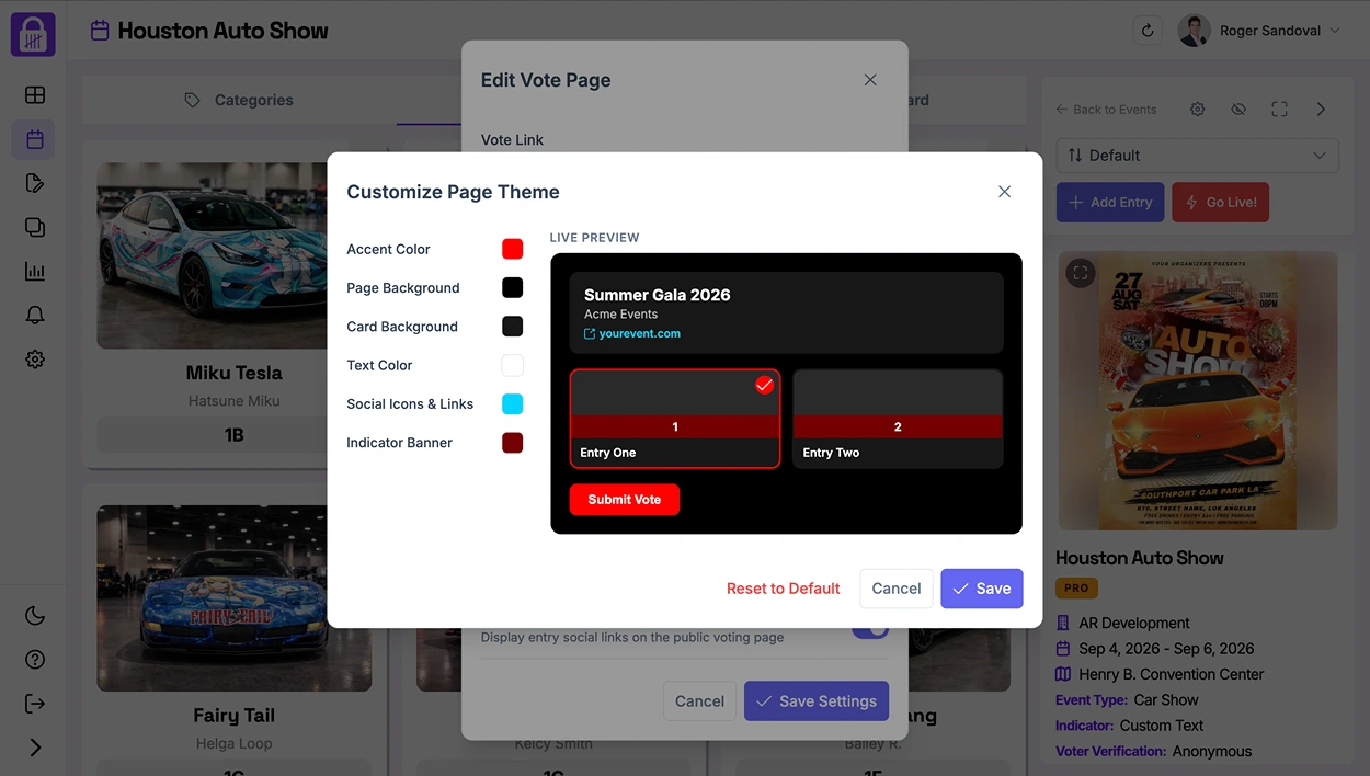 The Customize Page Theme panel showing color pickers for accent, page background, card background, text color, social icons and links, and indicator banner, with a live preview