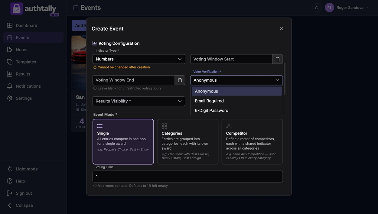 The voter verification selector in Event Setup, showing Anonymous, Shared Password, and Email Verification as options