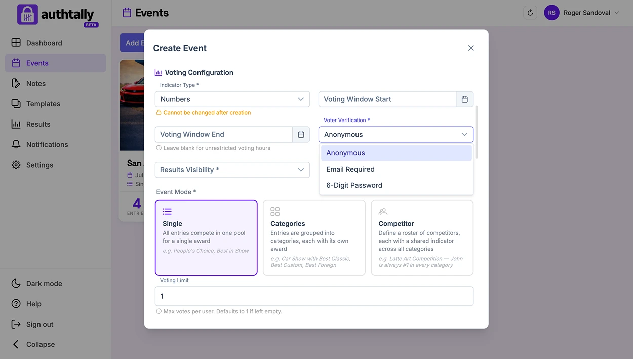 The voter verification selector in Event Setup, showing Anonymous, Shared Password, and Email Verification as options